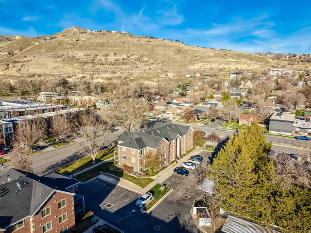 Aerial perspective of suburban area featuring mountains