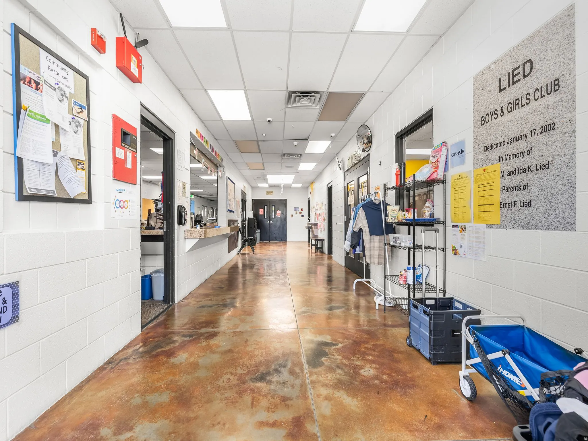 Hallway with a drop ceiling, concrete block wall, and finished concrete floors