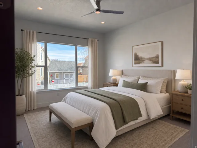Virtually Staged... Bright bedroom featuring a large window, recessed lighting, and a ceiling fan
