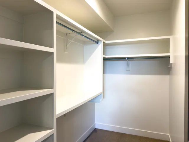 Walk in closet featuring dark carpet