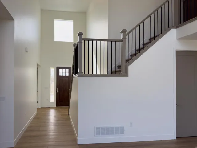 Entrance foyer featuring a high ceiling and dark wood-type flooring