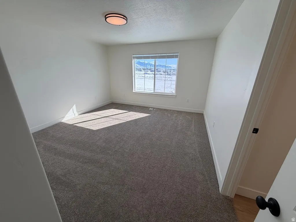 Unfurnished room with baseboards and light colored carpet