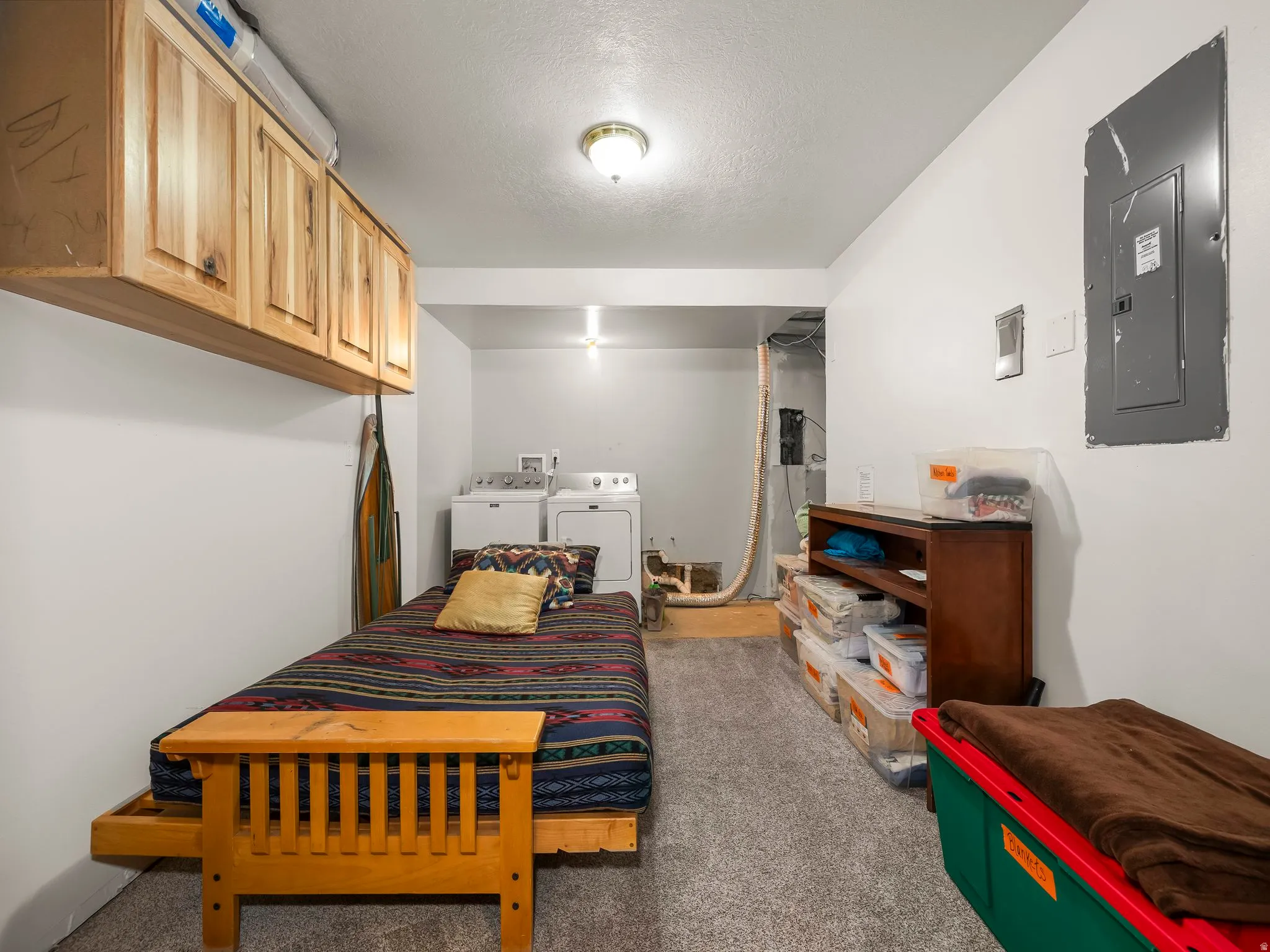 Bedroom with electric panel, separate washer and dryer, a textured ceiling, and light colored carpet