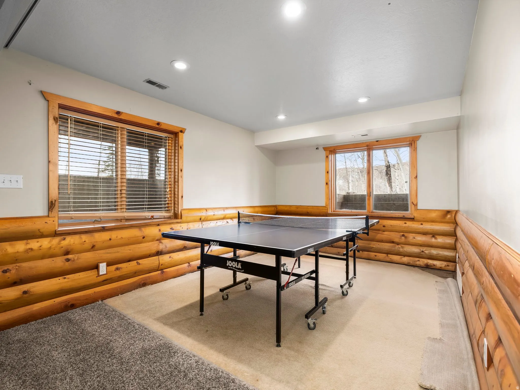 Playroom with log walls, carpet, wainscoting, recessed lighting, and plenty of natural light