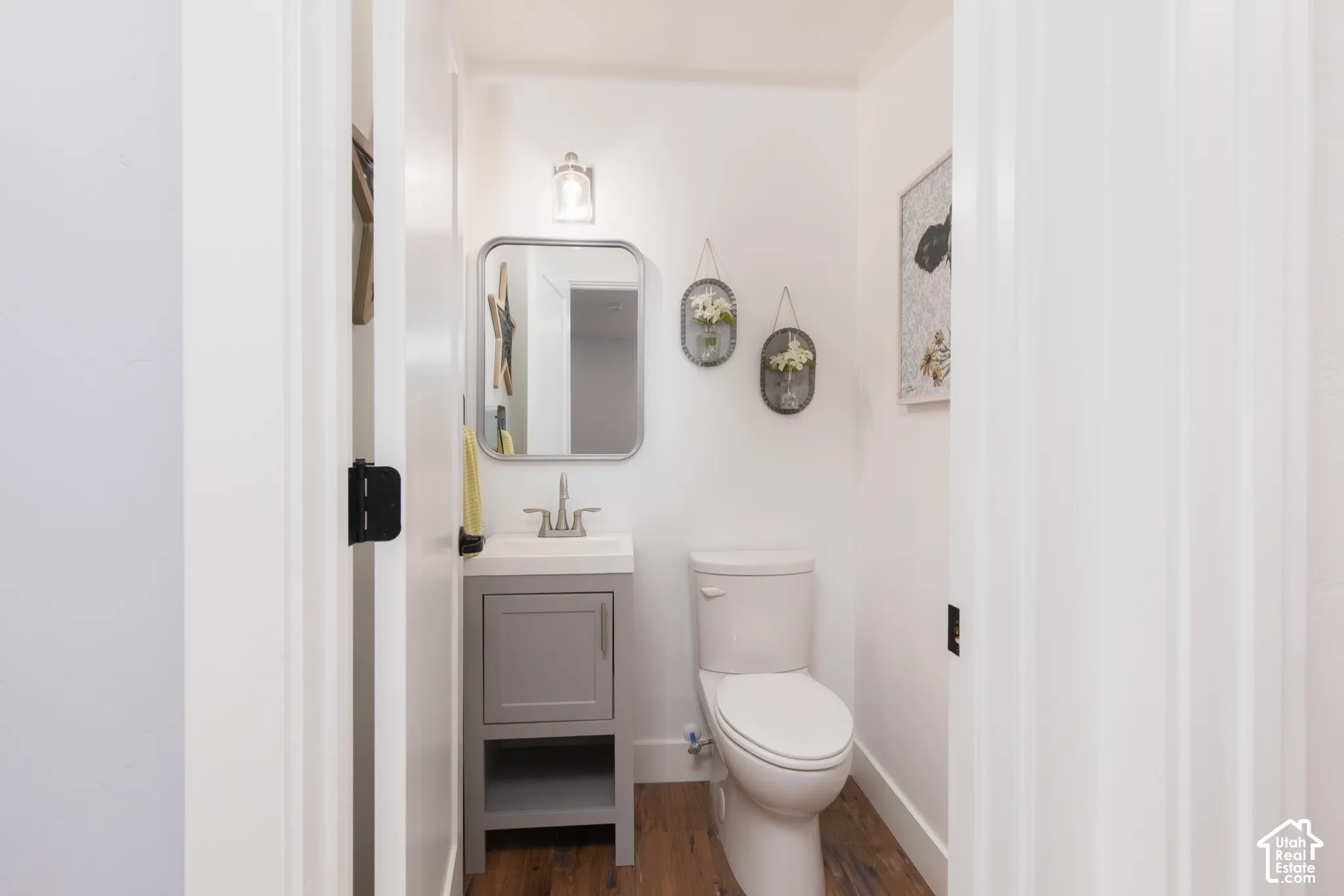 White walls, wood-finish flooring, and a gray vanity with a counter-mounted sink