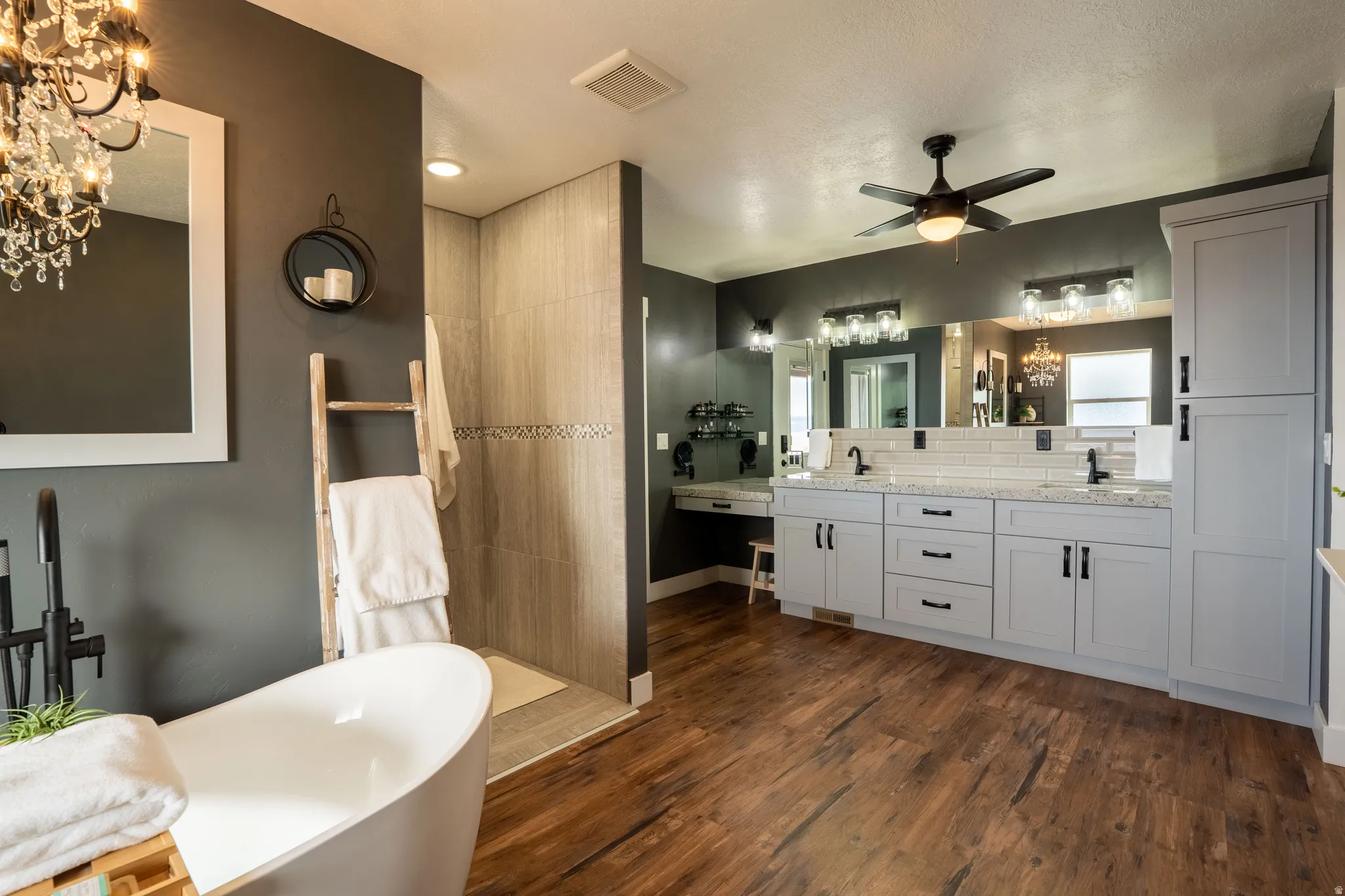Primary bathroom with 36" double vanity, walk in shower