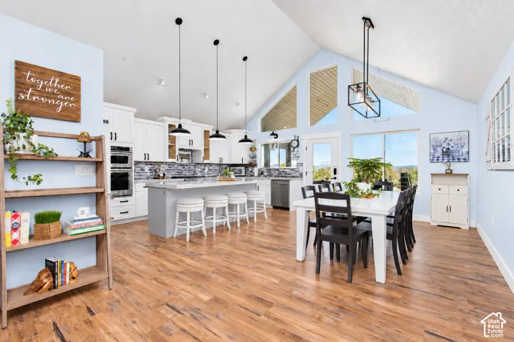 Vaulted ceilings with clerestory windows, wood-finish flooring, white cabinetry, a kitchen island with seating, and stainless steel appliances