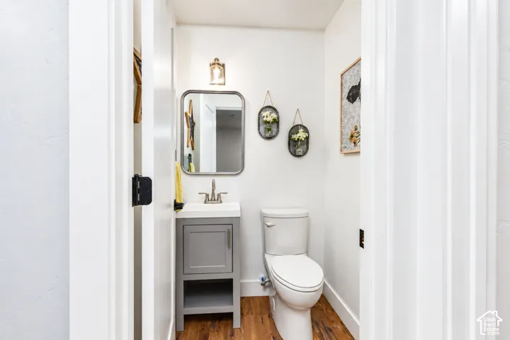 Bathroom featuring a white toilet, wood-finish flooring, a rectangular mirror, and a vanity with a white countertop