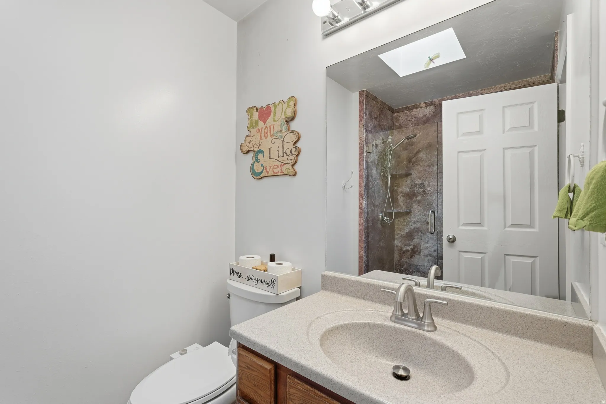 Full bath featuring vanity, a stall shower, and a skylight