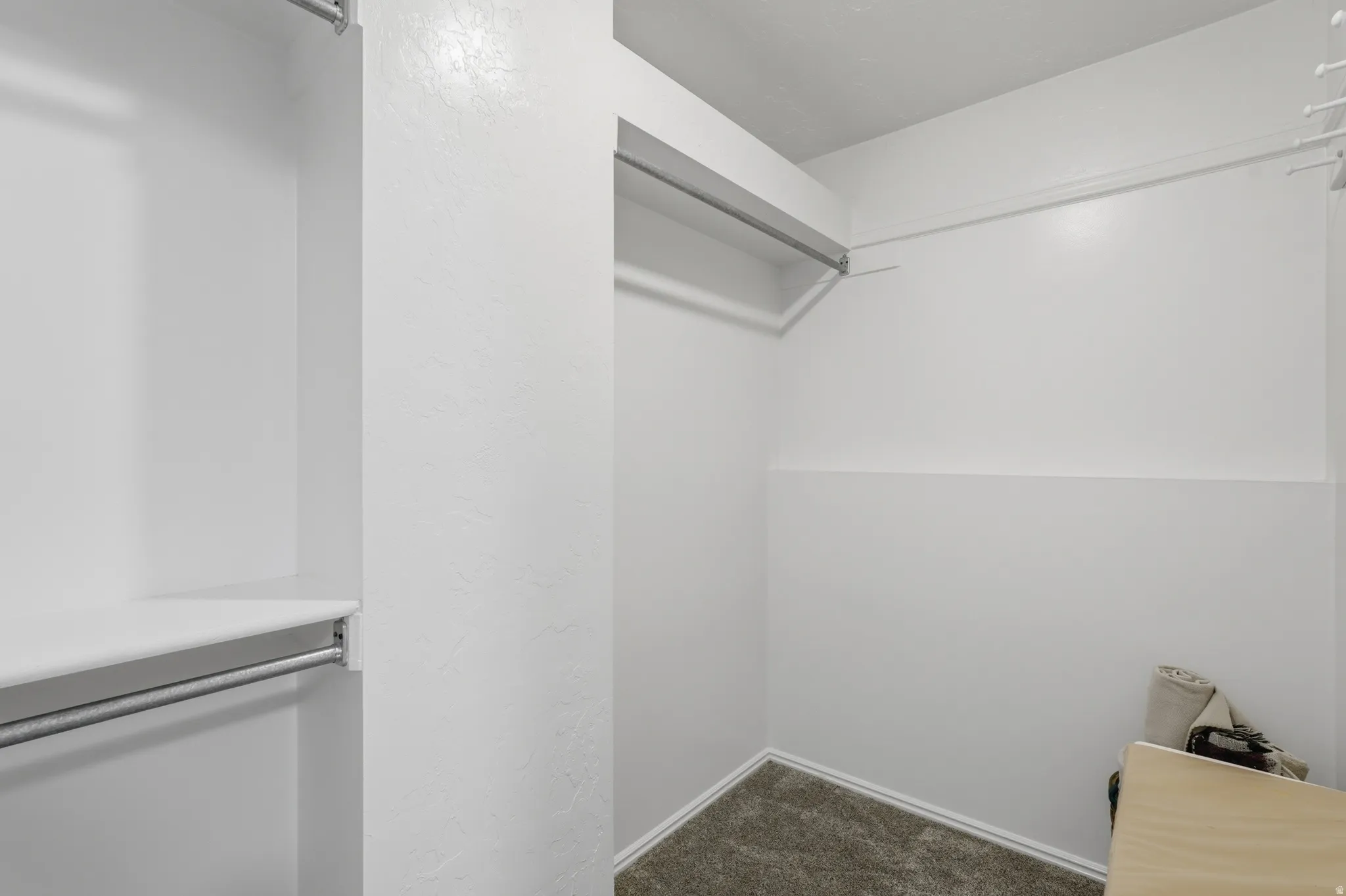 Walk in closet with dark carpet