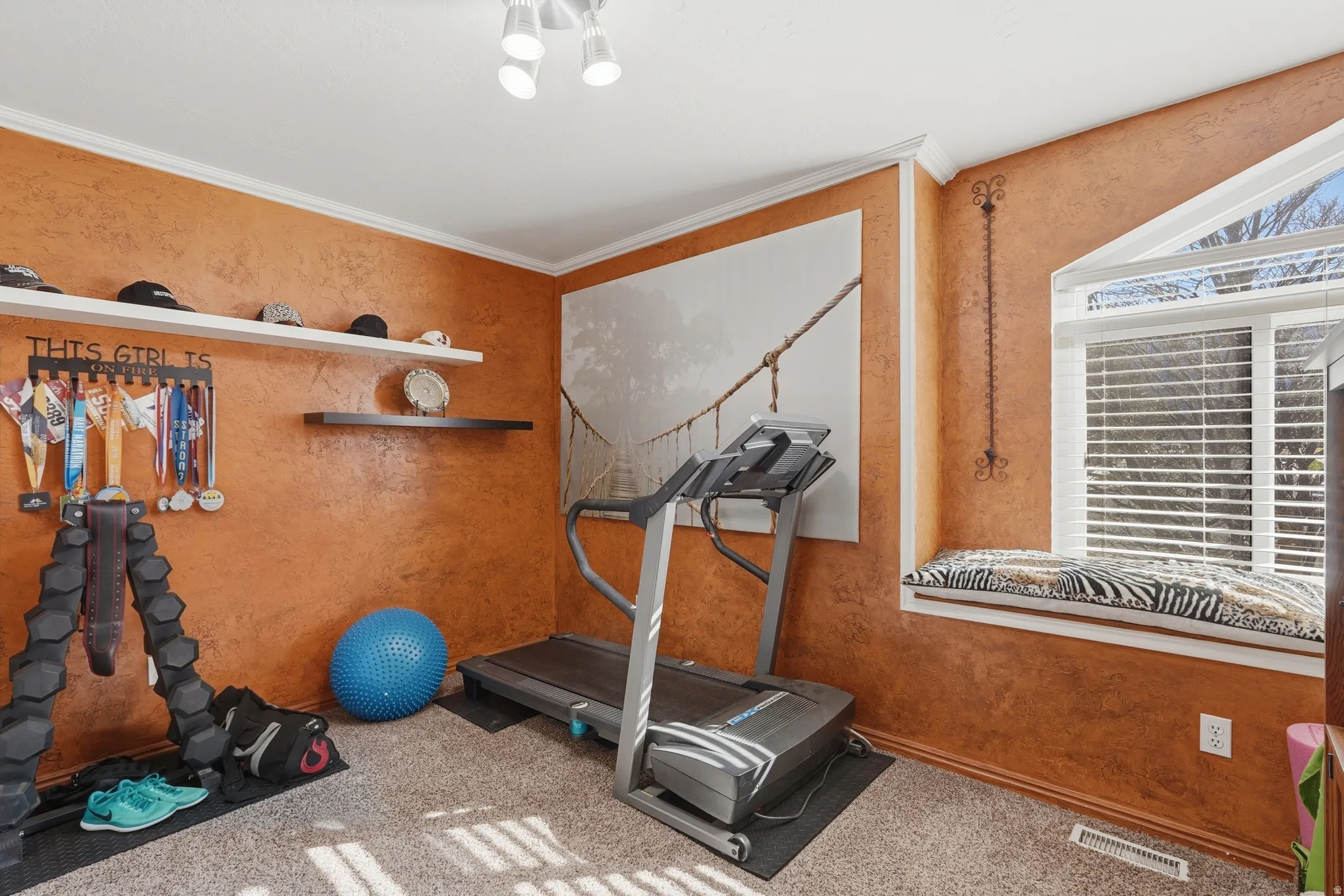 Workout area featuring light carpet and ornamental molding
