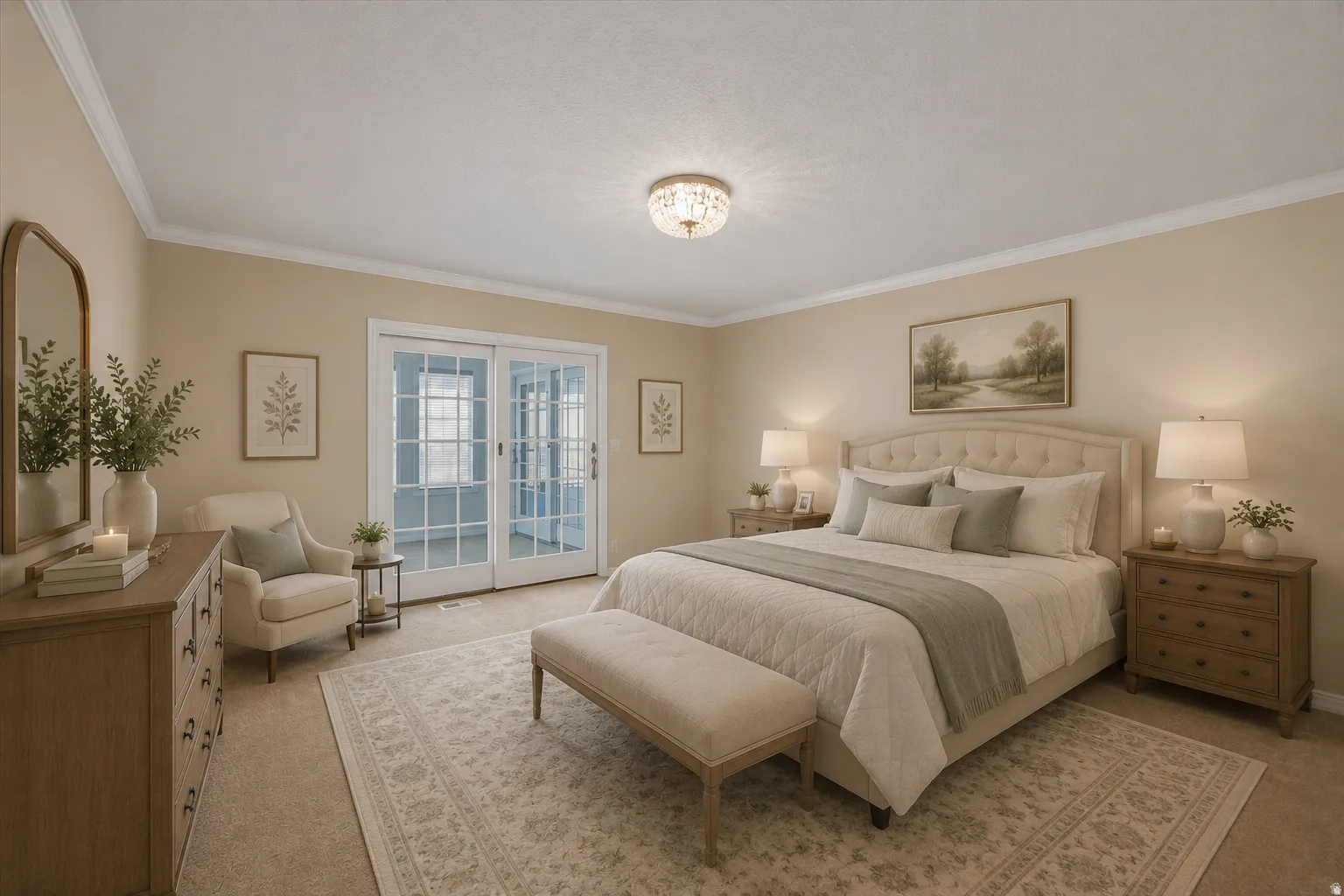 AI version of main floor primary bedroom. Spacious room featuring neutral wall tones, crown molding, a ceiling-mounted light fixture, and double French doors with transom windows