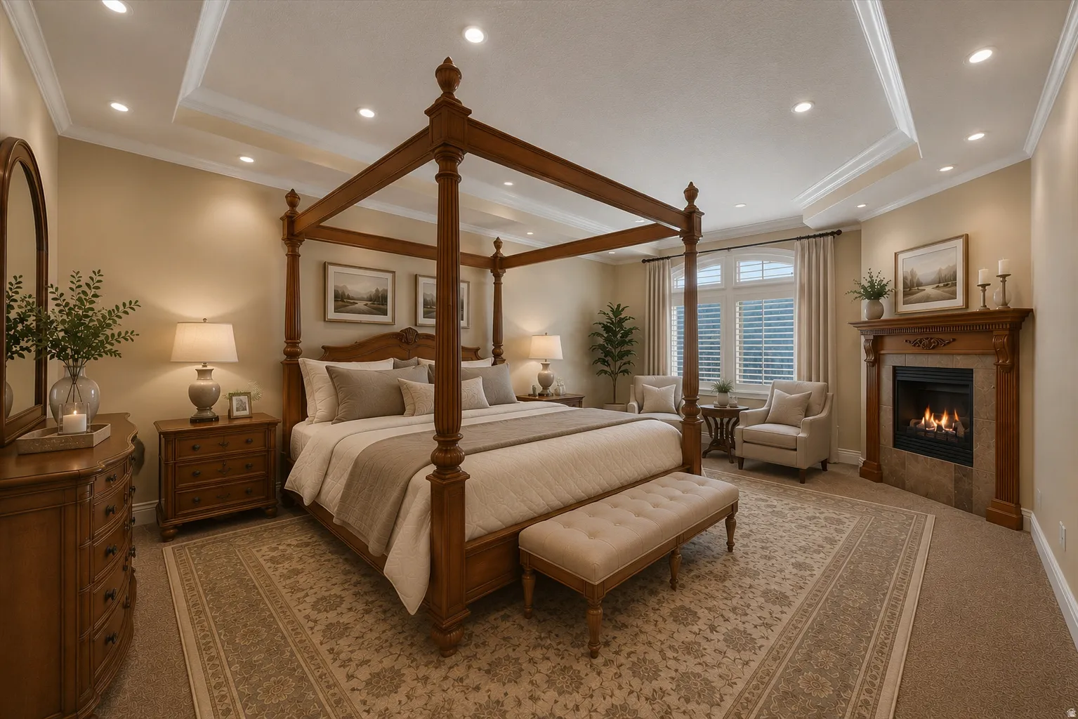AI version of Master bedroom. Recessed lighting illuminates a coffered ceiling and neutral-toned walls