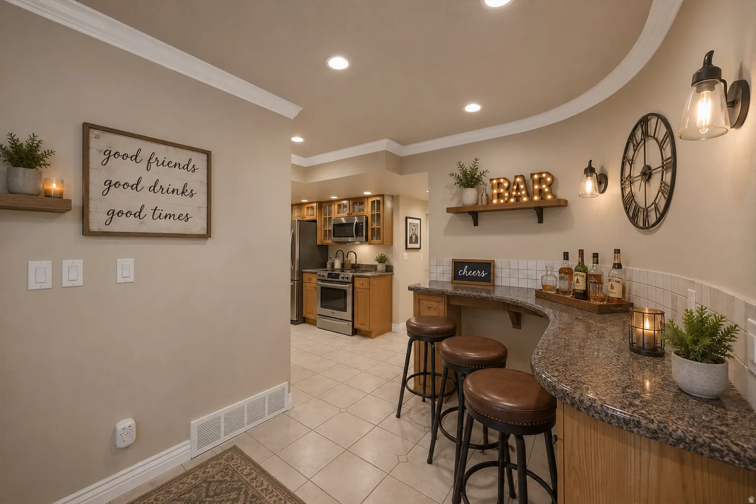 AI version of basement kitchen. Curved bar featuring a speckled countertop, tile backsplash, wood-finish cabinetry, and recessed lighting
