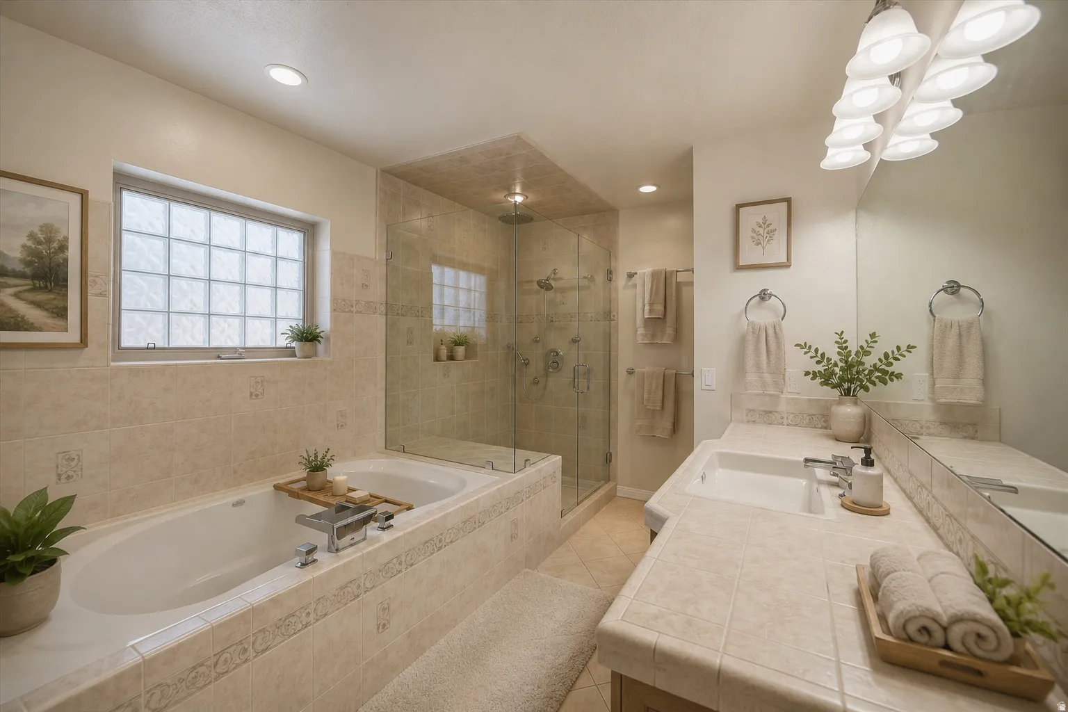 AI verion of main floor primary ensuite. Tiled bathroom featuring a built-in soaking tub, a glass-enclosed shower, dual sinks with a tiled countertop, and a glass block window