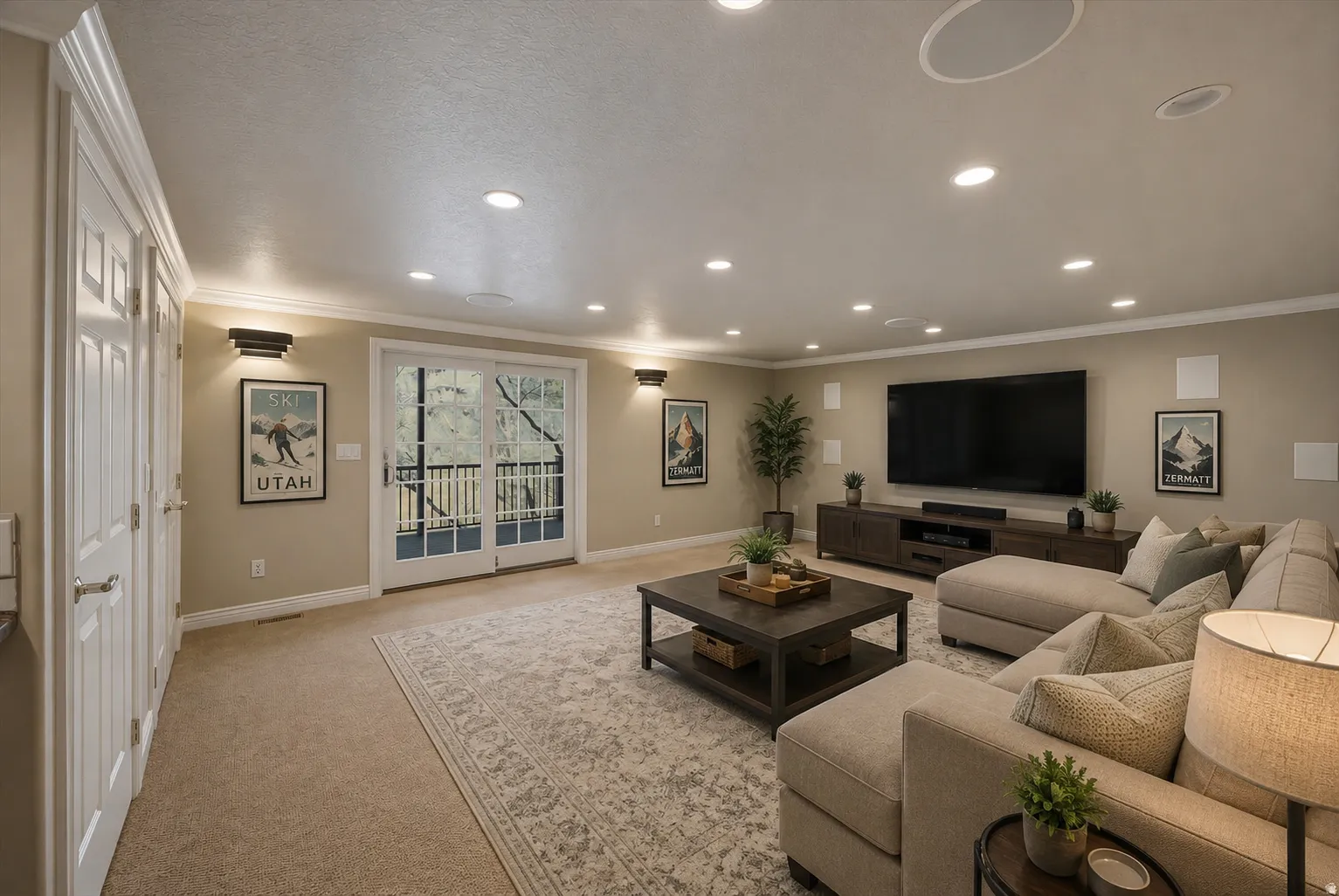 Spacious entertainment area featuring recessed lighting, crown molding, double French doors opening to a balcony, and built-in ceiling speakers