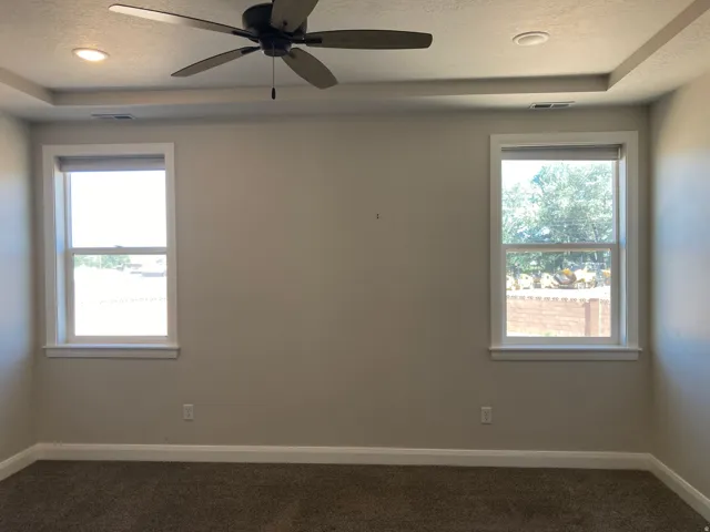Tray ceiling with recessed lighting, ceiling fan, two double-hung windows, and carpet flooring