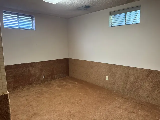 Room featuring wall-to-wall carpeting, two egress windows, and a drop ceiling with recessed lighting