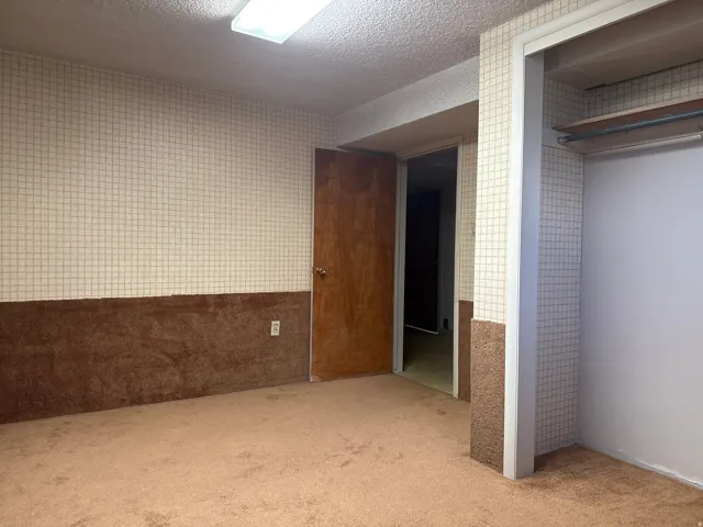 Wall-to-wall carpeting and built-in closet shelving