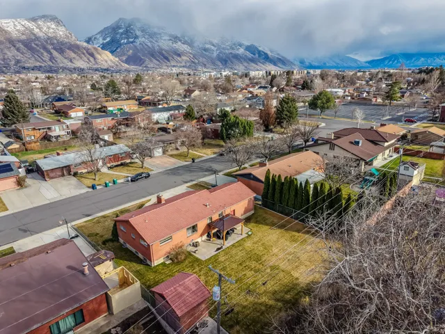 Aerial perspective of suburban area with mountains