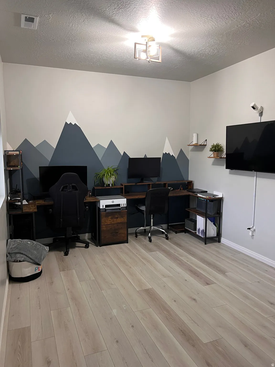 Office space featuring light wood-type flooring and a textured ceiling