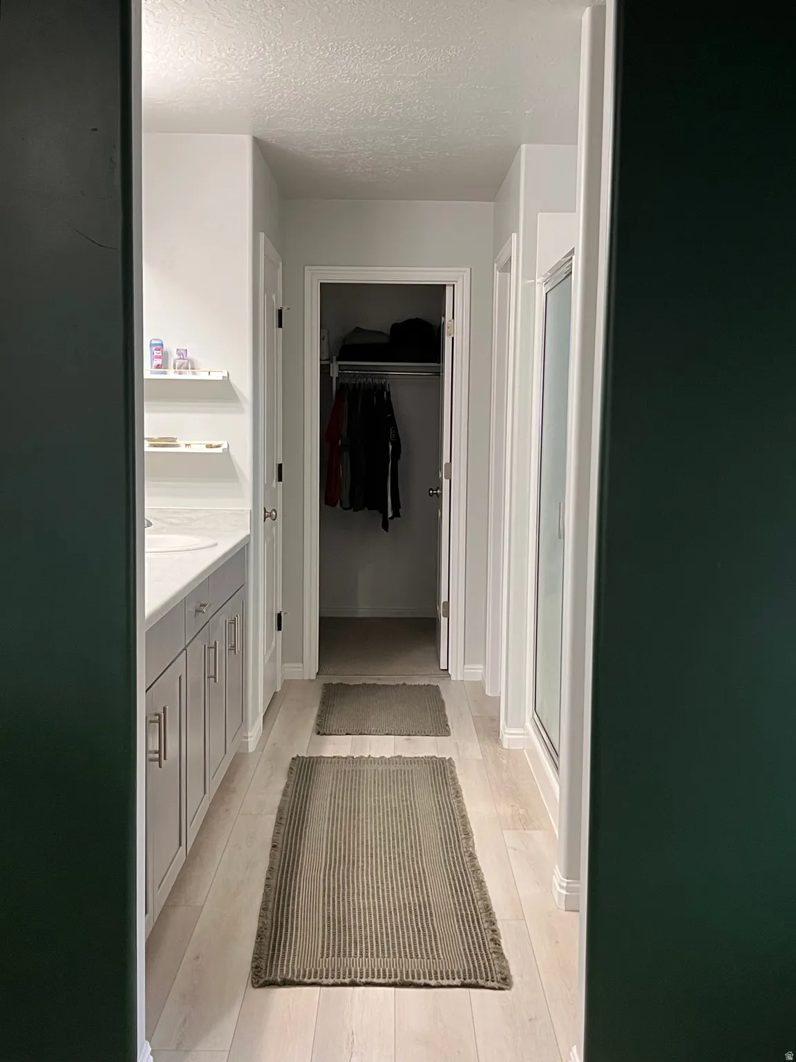 Ensuite Bathroom featuring vanity, a textured ceiling, a walk in closet, and a stall shower