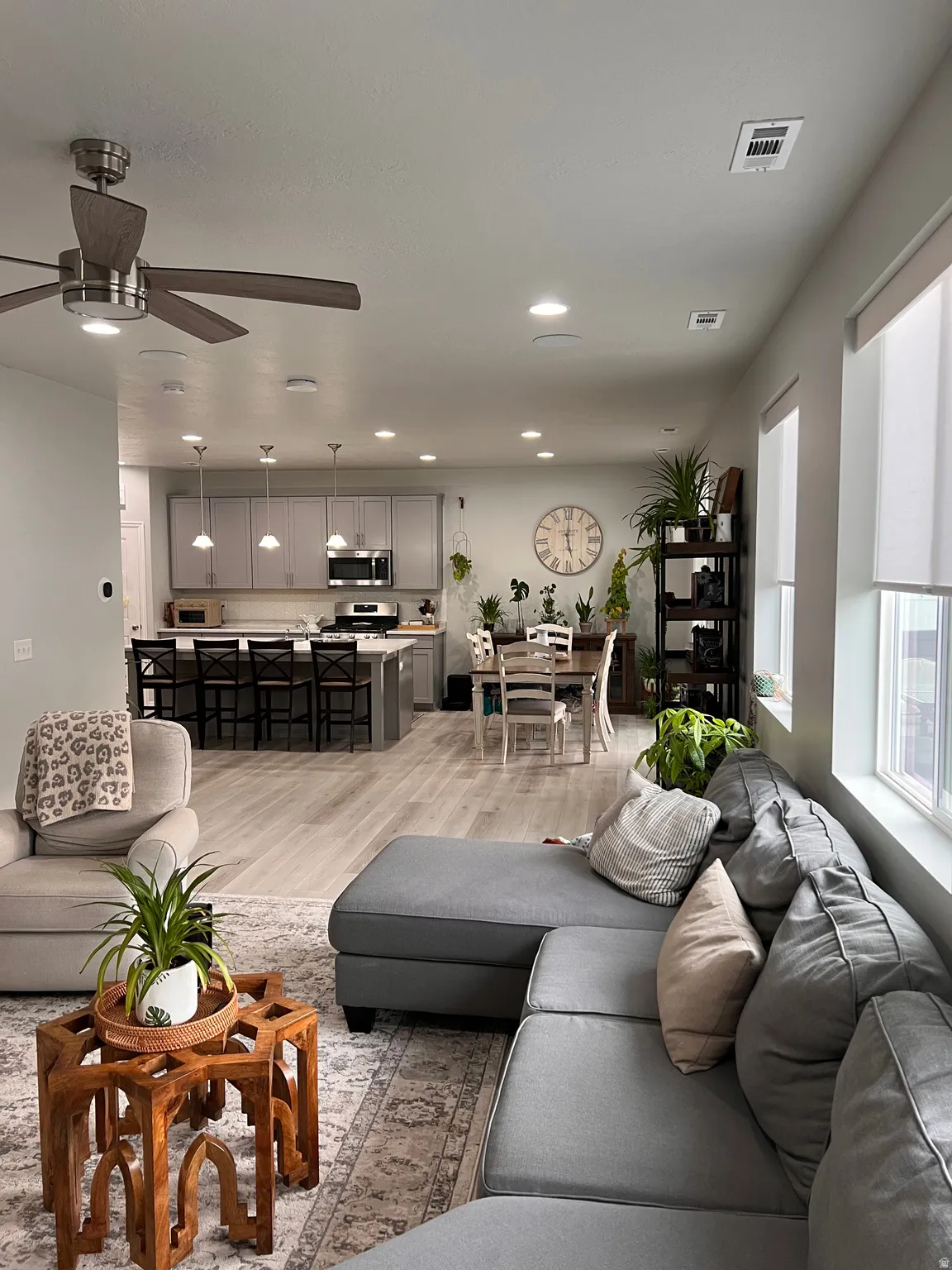 View to kitchen and dining area from great room. Extended square footage of great room makes the open floor plan even more desirable