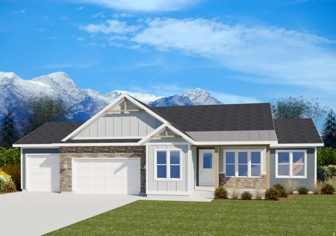 Craftsman-style home featuring an attached garage, a front lawn, board and batten siding, and driveway