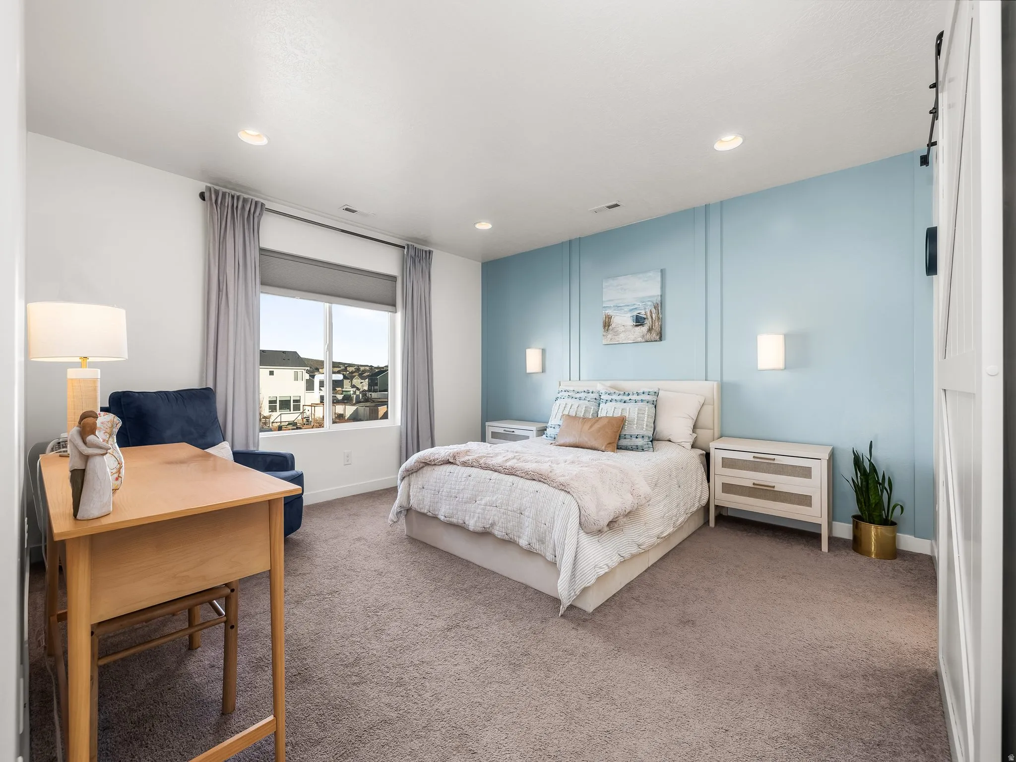 Carpeted bedroom featuring recessed lighting