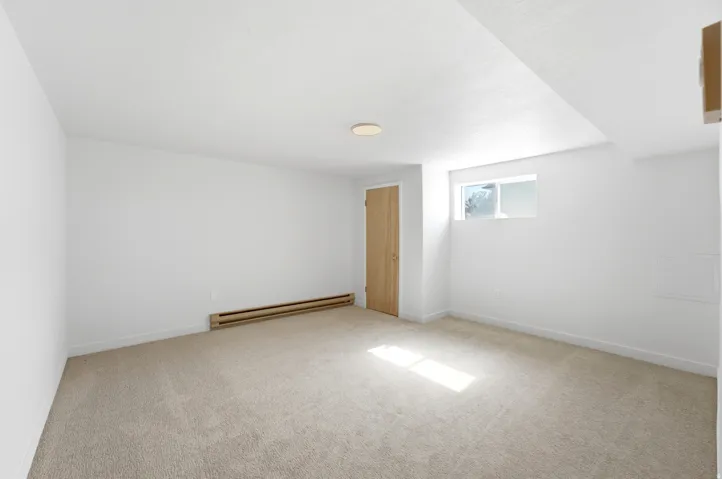 Spacious room featuring neutral carpet flooring, white walls, a flush-mount ceiling light, a light wood-finish door, and a horizontal window
