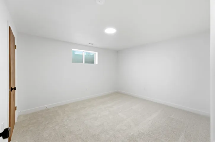 Interior room featuring light-colored carpet flooring, white walls, and a wood-finish door with black hardware