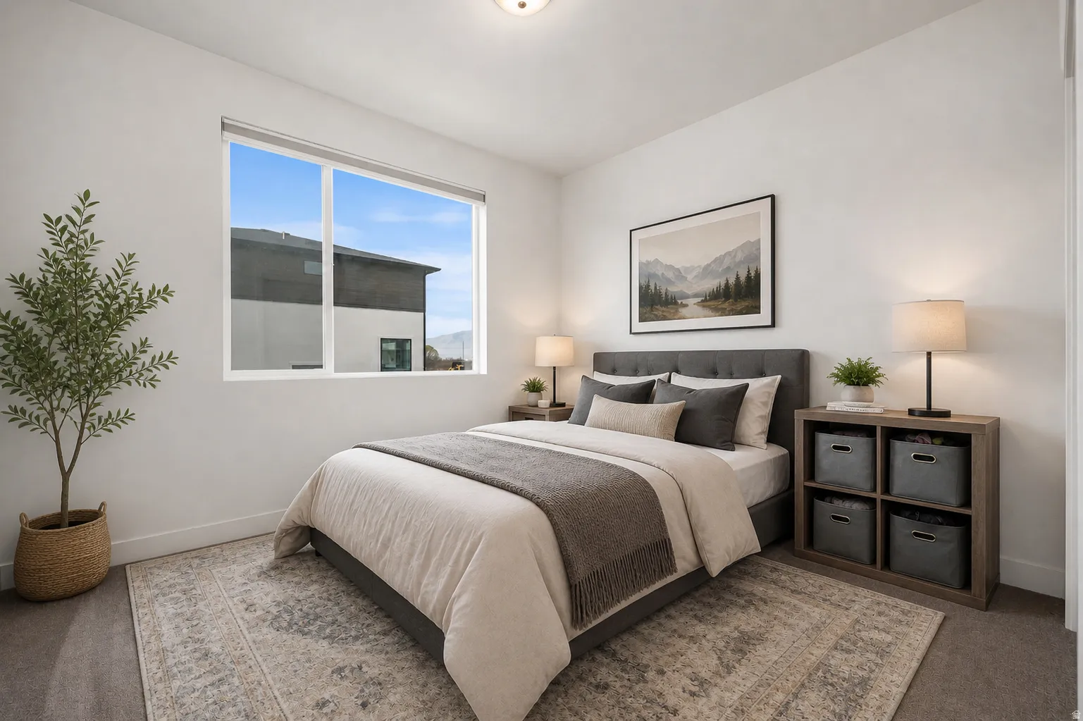 Bedroom featuring a large rectangular window, white walls, and dark wood-finish flooring
