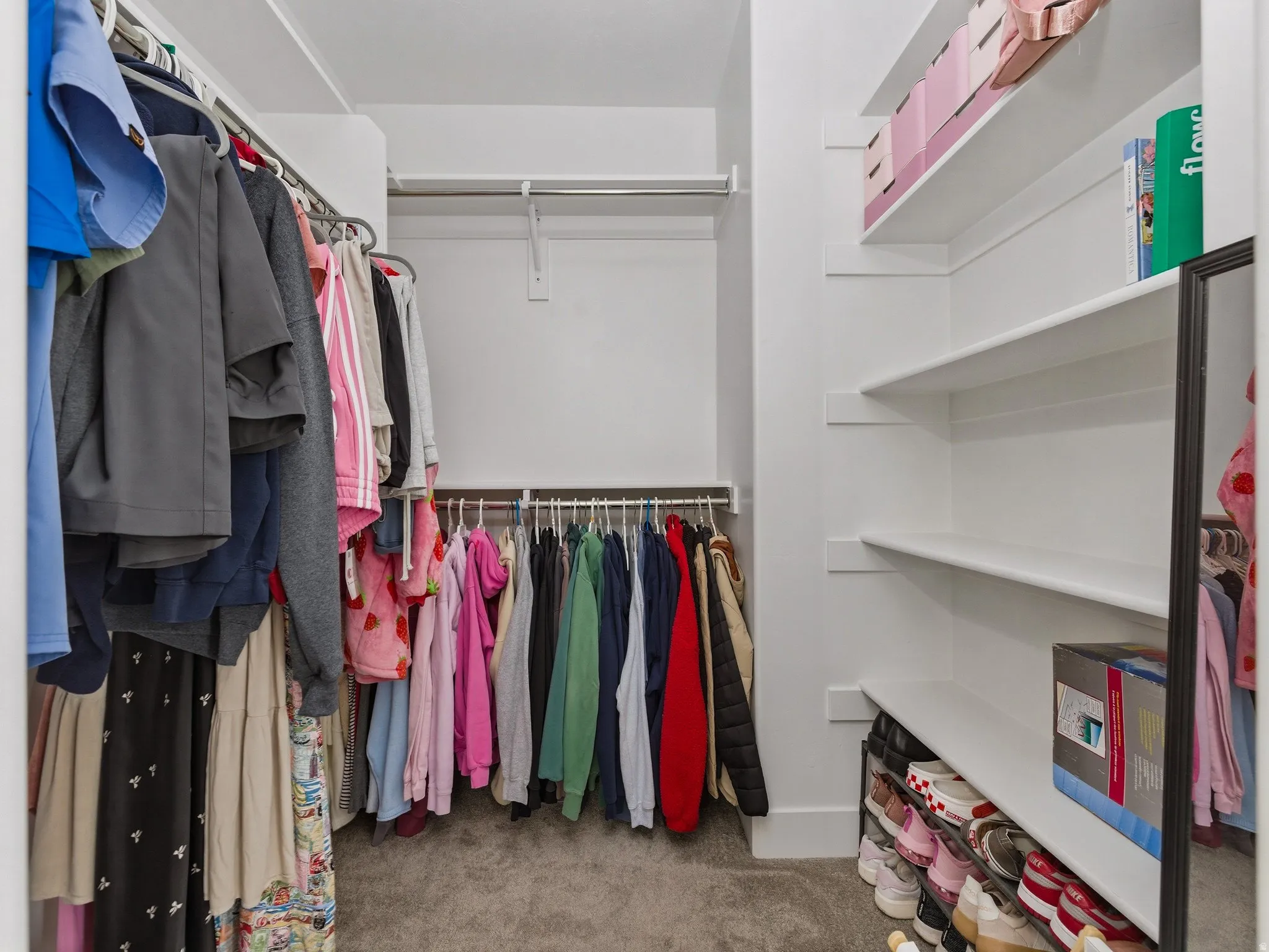 Walk in closet with light colored carpet