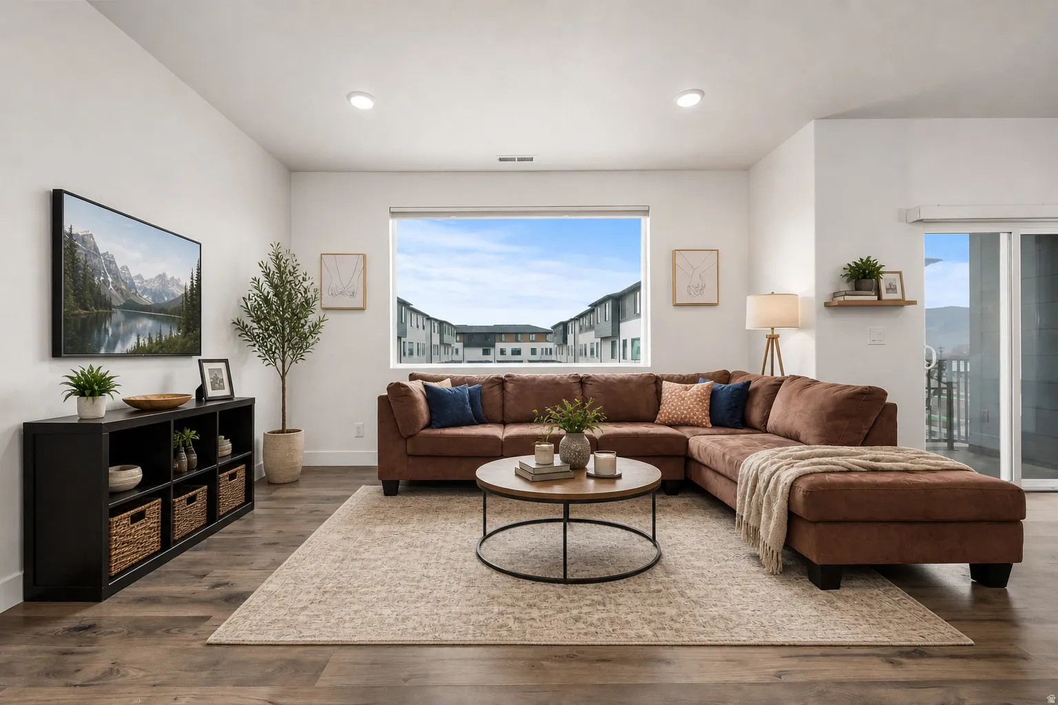 Spacious living area featuring expansive window, wood-finish flooring, recessed lighting, and a sliding glass door