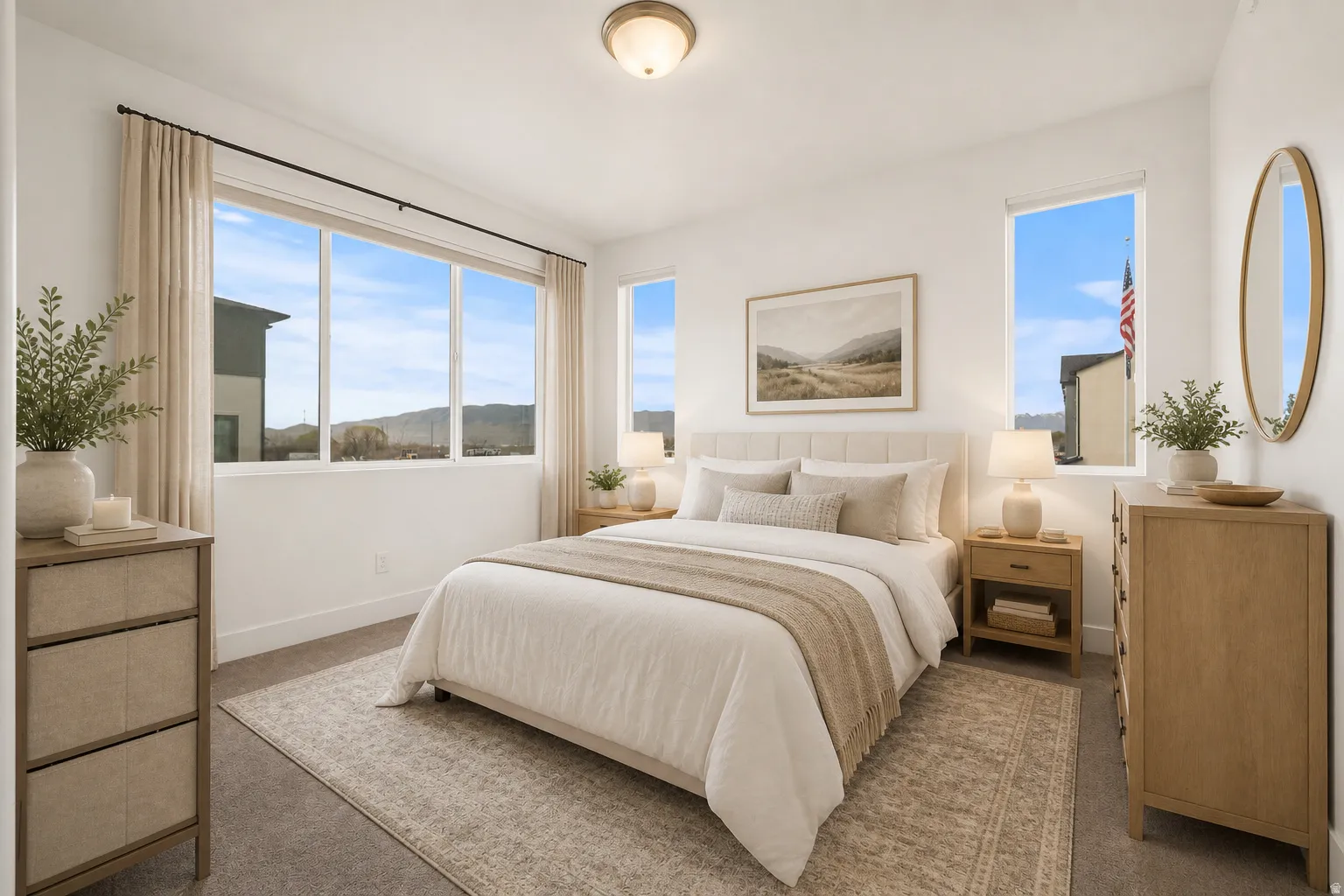 Bright bedroom featuring multiple windows, a neutral color palette, ceiling-mounted light fixture, and plush carpeting