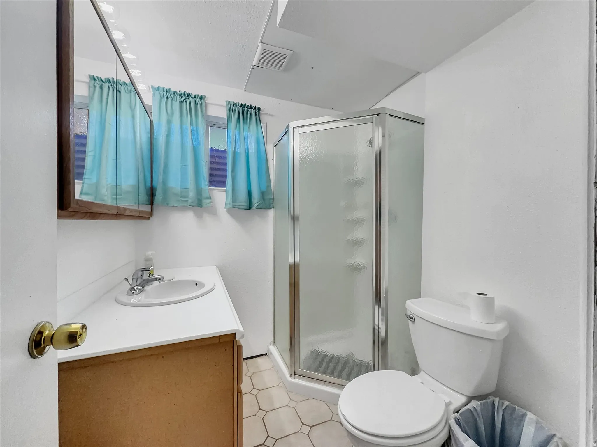 Full bath with a stall shower and vanity