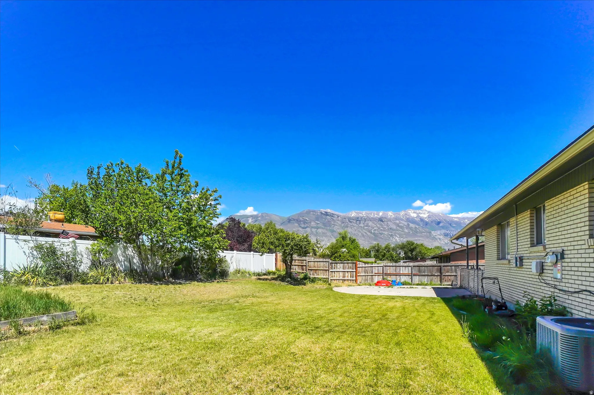 Expansive backyard featuring a manicured lawn, established trees, and a concrete patio