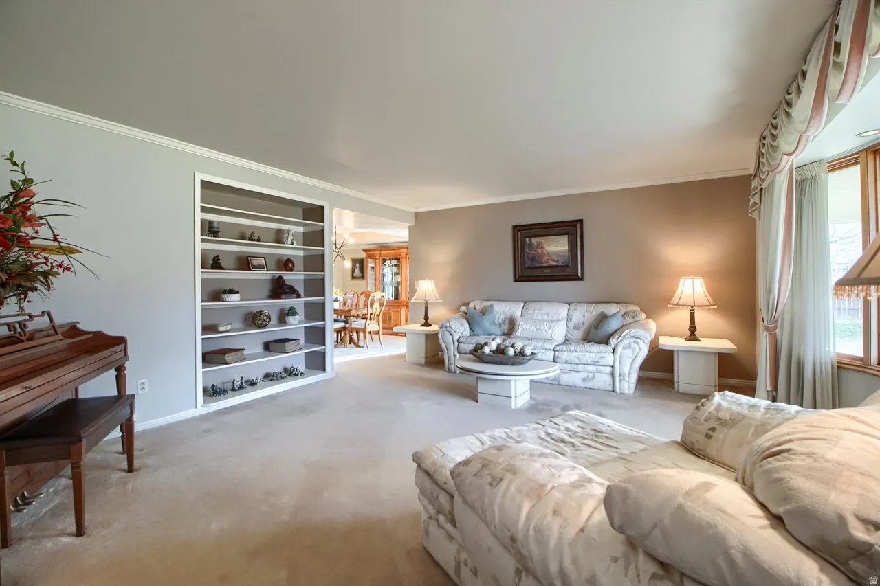 Carpeted living area featuring ornamental molding and baseboards