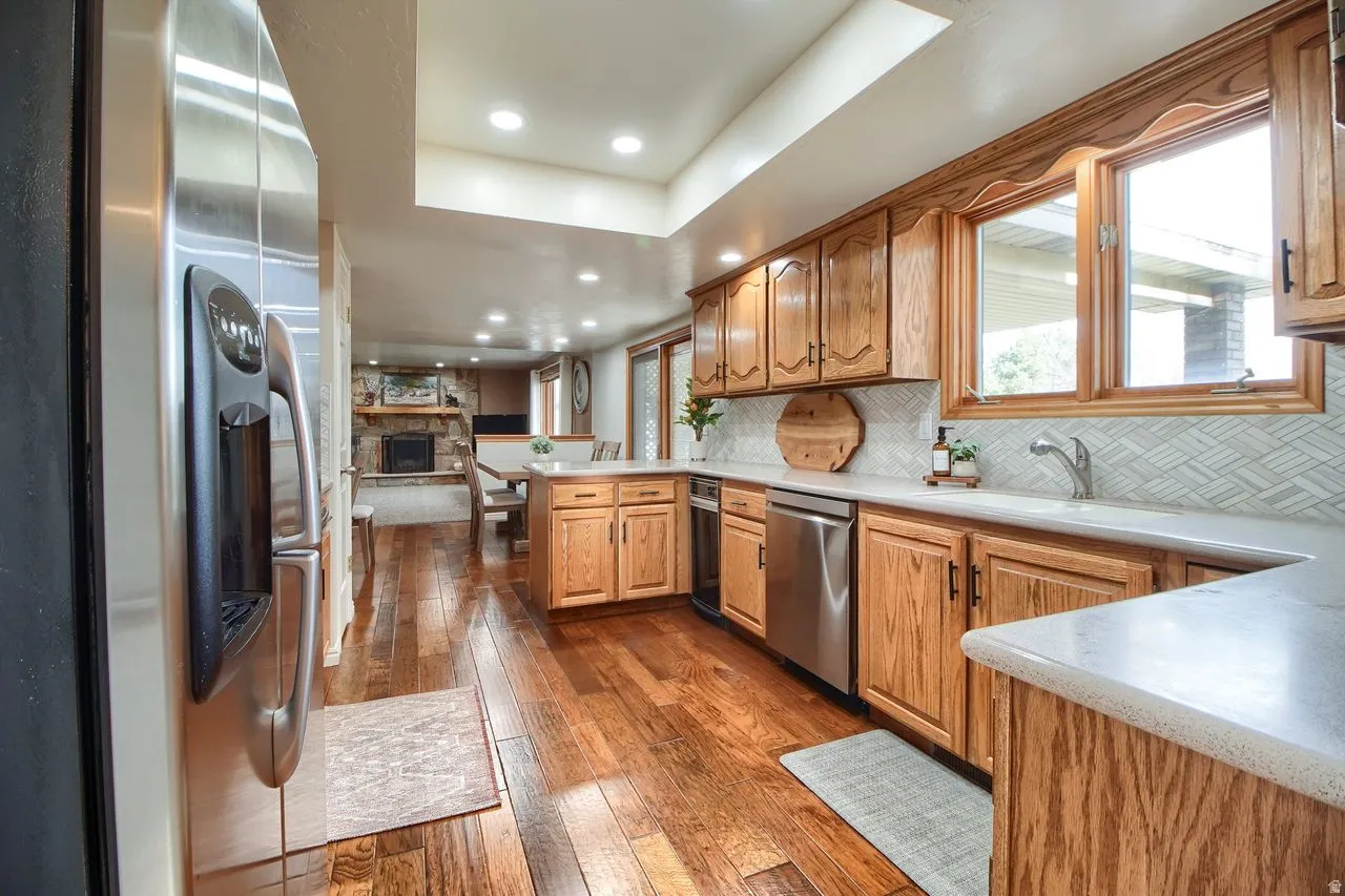 Kitchen featuring stainless steel appliances, a stone fireplace, dark wood-style floors, recessed lighting, and a raised ceiling