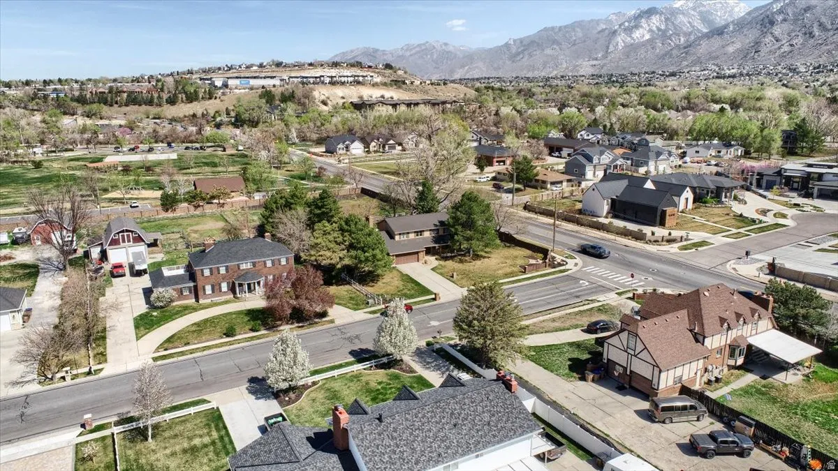 Aerial perspective of suburban area featuring mountains