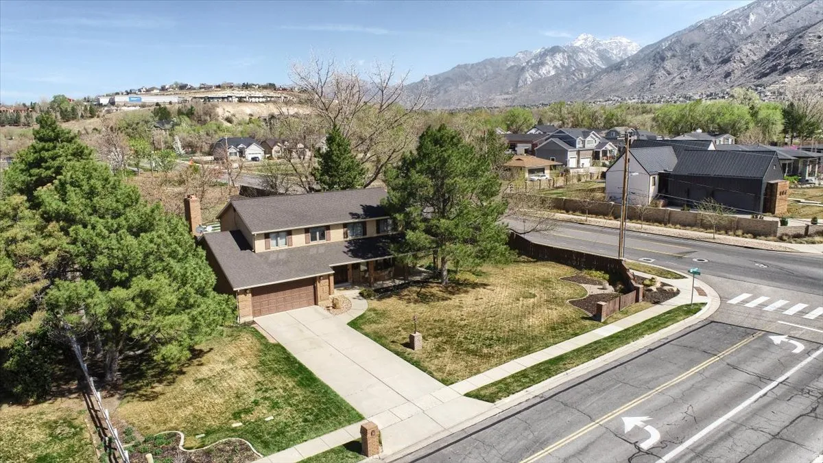 Aerial perspective of suburban area featuring mountains