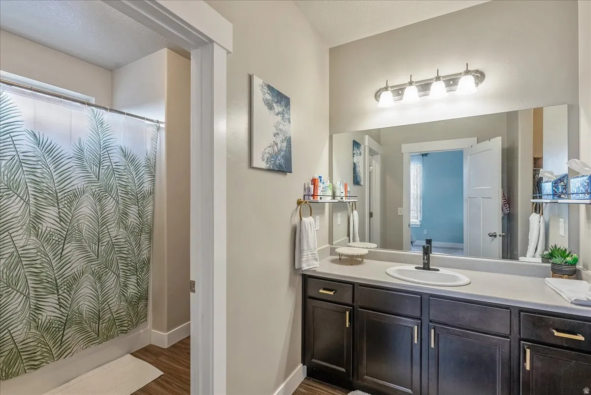 Bathroom with vanity and dark wood finished floors