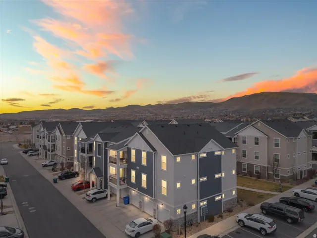 Aerial view at dusk of a mountain view and a residential view