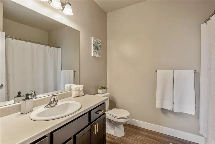 Full bathroom featuring a shower with curtain, vanity, and dark wood-style floors