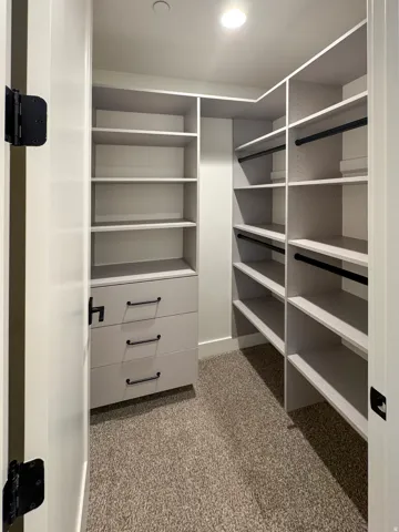 Walk in closet with light carpet