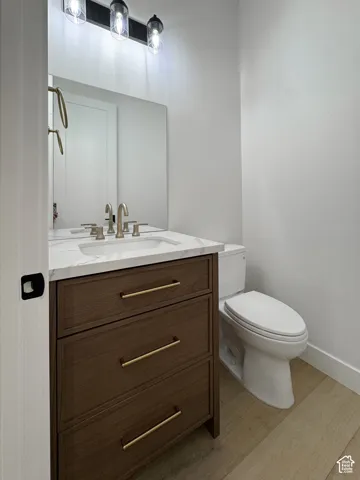 Bathroom with vanity and light wood-type flooring