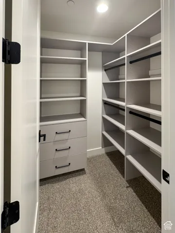 Walk in closet with light carpet