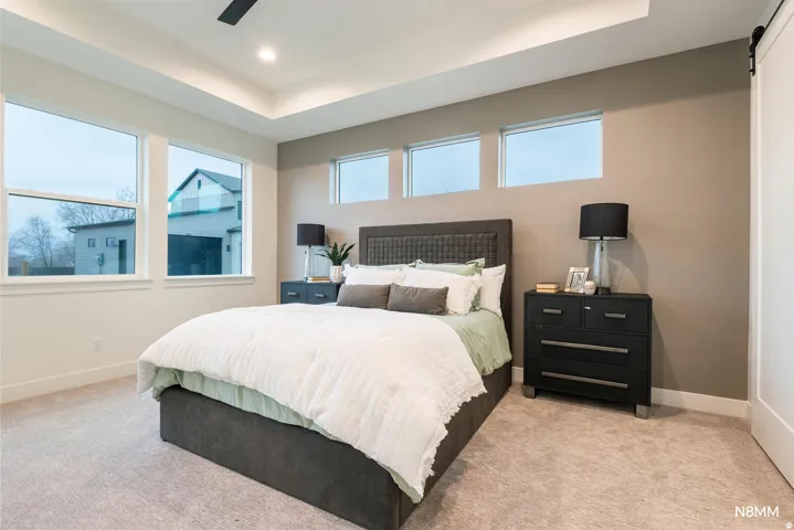 Bedroom featuring a tray ceiling, a barn door, light colored carpet, a ceiling fan, and recessed lighting