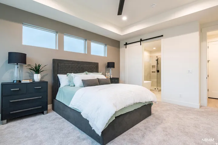 Bedroom featuring a barn door, light carpet, a tray ceiling, a ceiling fan, and recessed lighting