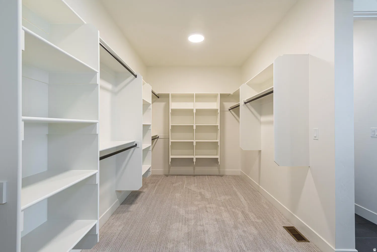 Walk in closet featuring light colored carpet